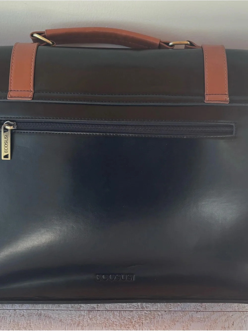 Ecosusi Black, Brown & Cream Leather Messenger Bag with Top Handle